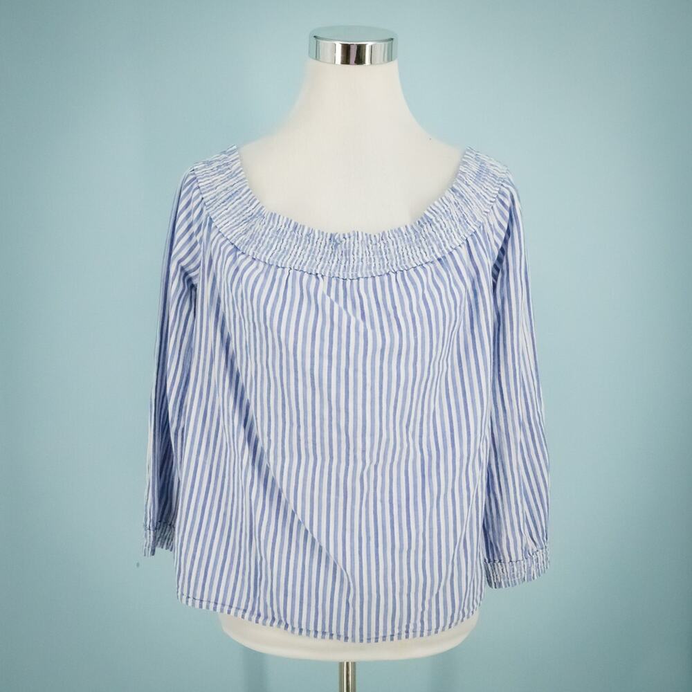 Rag & Bone Size Large L Blue White Stripe Print Off The Shoulder Long Sleeve Top